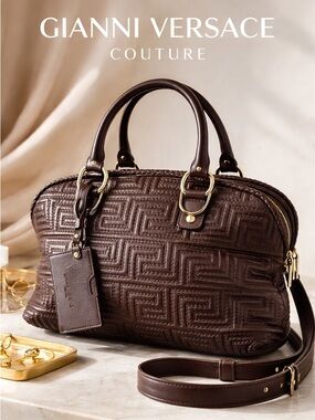 Versace Brown Quilted Medusa Greek Key Leather Satchel w/ Strap - lux design